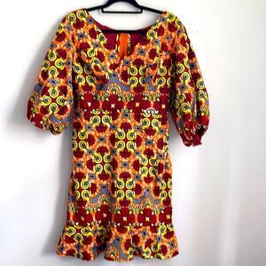Foley Fashion Sample faux wrap printed bubble sleeve ruffle hem dress